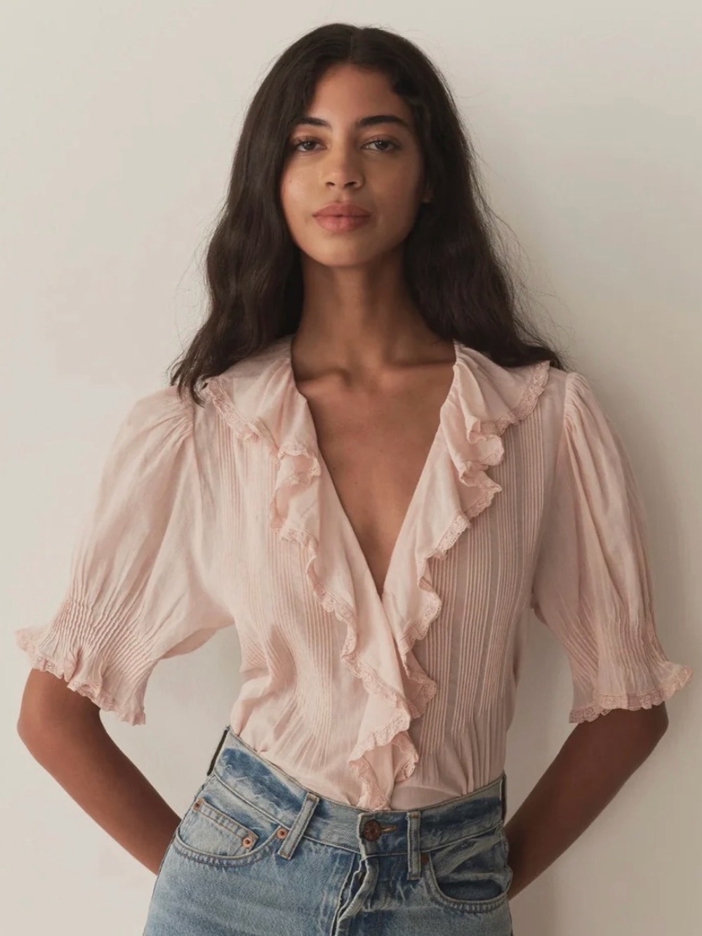Doen Blush Pink Ruffled V-Neck Puff Sleeve Blouse